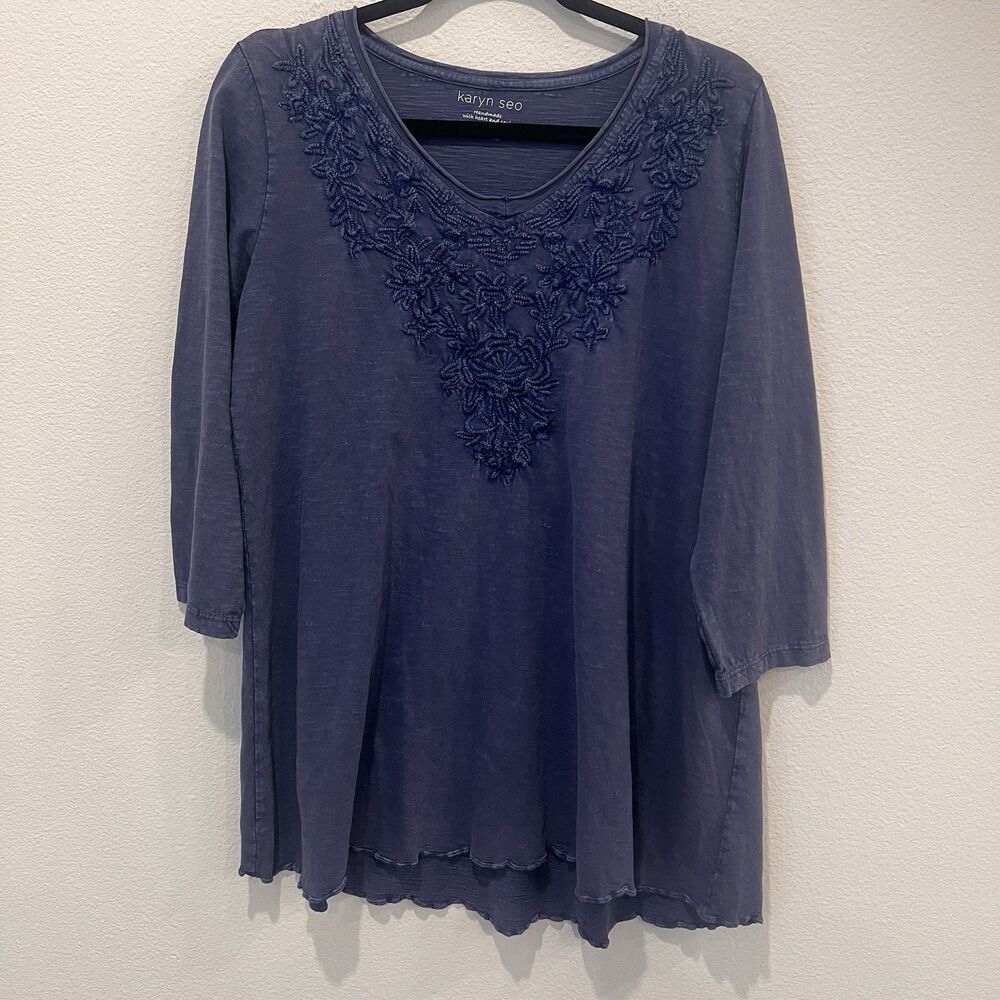 Karen Seo Women’s Handmade Blue Embroidered Cotton  Tunic Tee Boho Coastal Soft